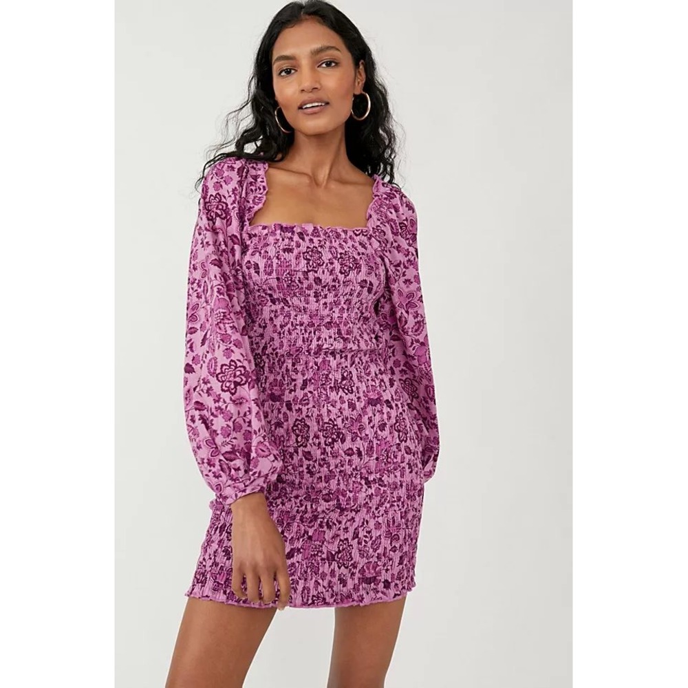 Free People‎ Smock It To Me Mini Dress XS Floral Smocked Boho Cottage Peasant